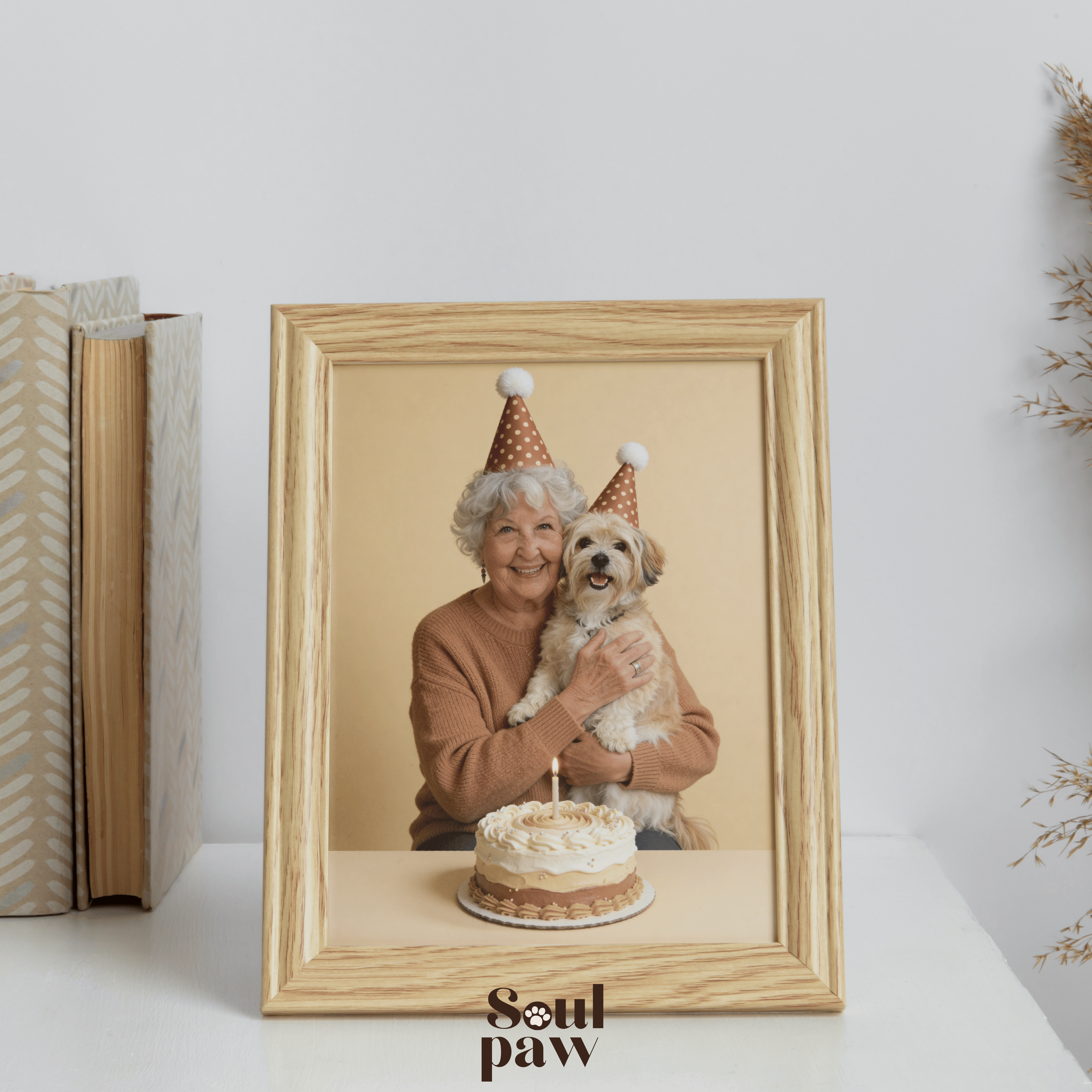 Custom Human & Pet Portrait Birthday Studio Beige Theme Portrait - Personalized High-Resolution Matte Print for Wall Art, Home Decor, or Unique Gifts for Pet Lovers (Frame Not Included)