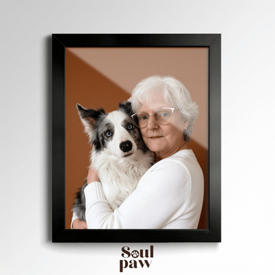 Custom Human & Pet Portrait Caramel Mocha Embrace Portrait - Personalized High-Resolution Matte Print for Wall Art, Home Decor, or Unique Gifts for Pet Lovers (Frame Not Included)