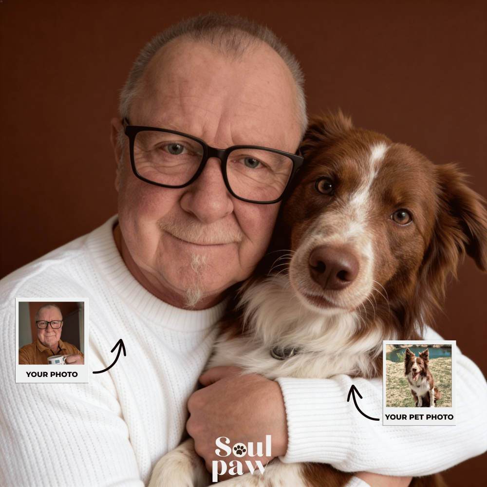 Custom Human & Pet Portrait Caramel Mocha Embrace Portrait - Personalized High-Resolution Matte Print for Wall Art, Home Decor, or Unique Gifts for Pet Lovers (Frame Not Included)