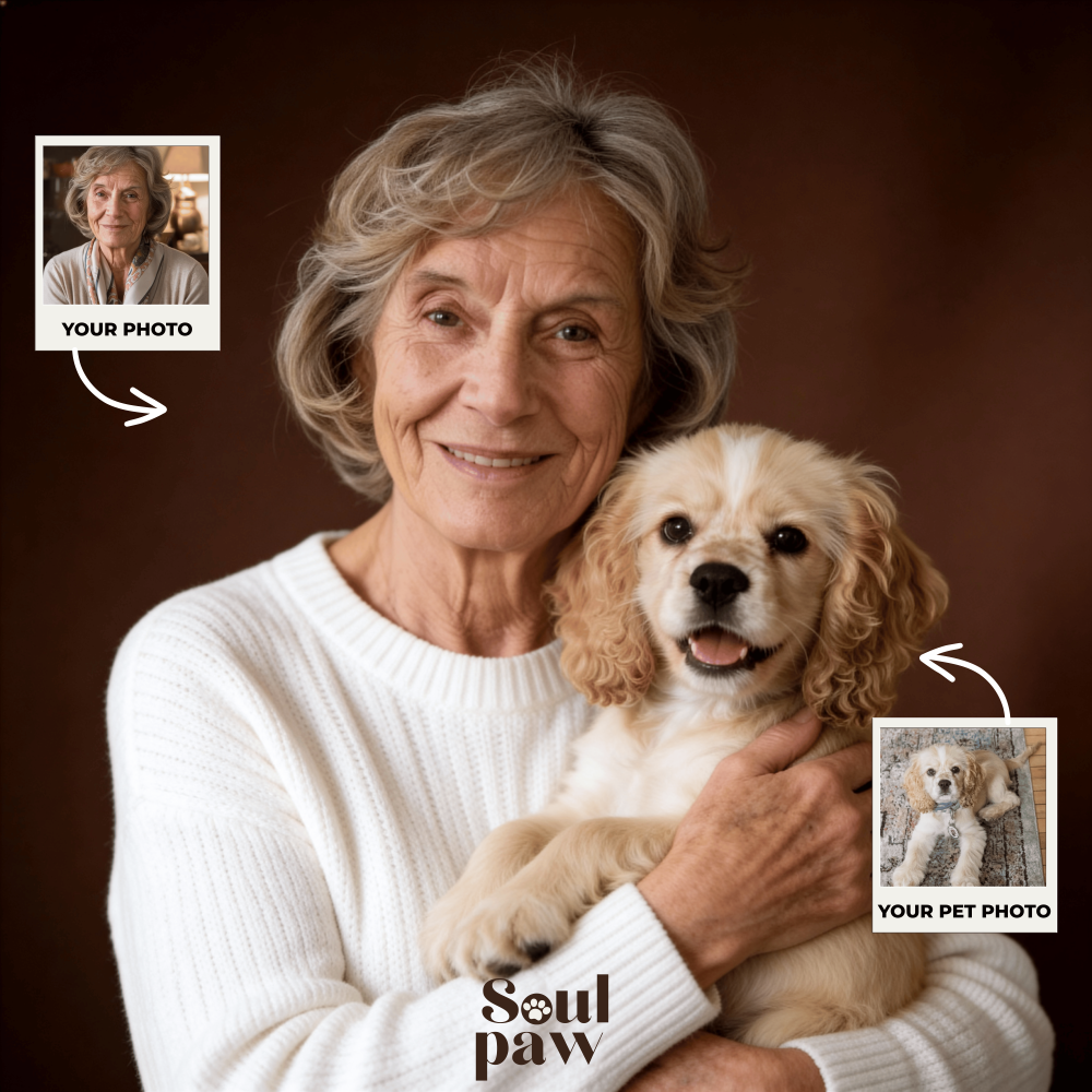 Custom Human & Pet Portrait Caramel Mocha Embrace Portrait - Personalized High-Resolution Matte Print for Wall Art, Home Decor, or Unique Gifts for Pet Lovers (Frame Not Included)