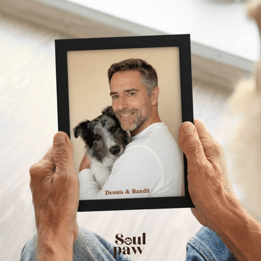 Custom Human & Pet Poster Sandstone Harmony Portrait – Personalized High-Resolution Matte Print for Wall Art, Home Decor, or Unique Gifts for Pet Lovers (Frame Not Included)