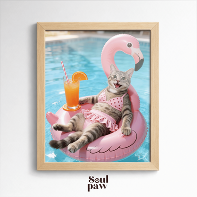 Custom Pet Poster Pink Paradise Float Portrait – Personalized High-Resolution Matte Print for Wall Art, Home Decor, or Unique Gifts for Pet Lovers (Frame Not Included)