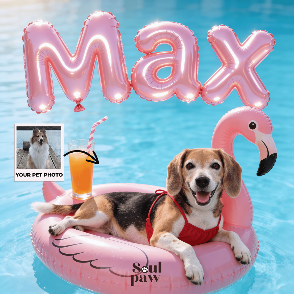 Custom Pet Poster Pink Paradise Float Portrait – Personalized High-Resolution Matte Print for Wall Art, Home Decor, or Unique Gifts for Pet Lovers (Frame Not Included)
