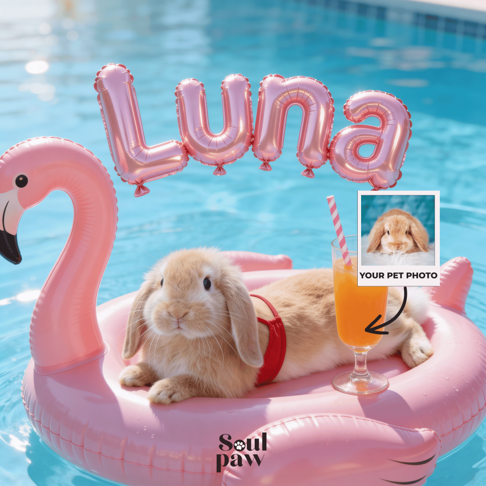 Custom Pet Poster Pink Paradise Float Portrait – Personalized High-Resolution Matte Print for Wall Art, Home Decor, or Unique Gifts for Pet Lovers (Frame Not Included)
