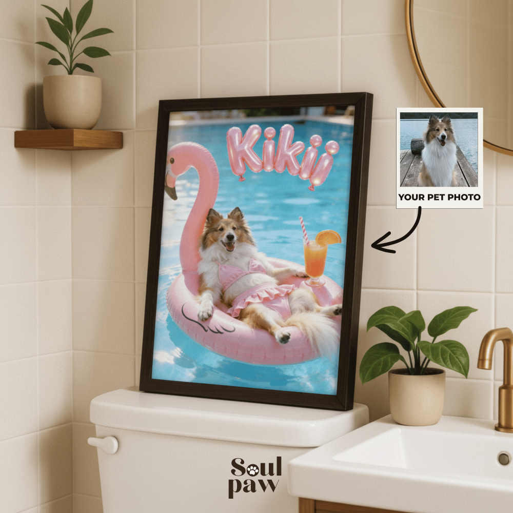 Custom Pet Poster Pink Paradise Float Portrait – Personalized High-Resolution Matte Print for Wall Art, Home Decor, or Unique Gifts for Pet Lovers (Frame Not Included)
