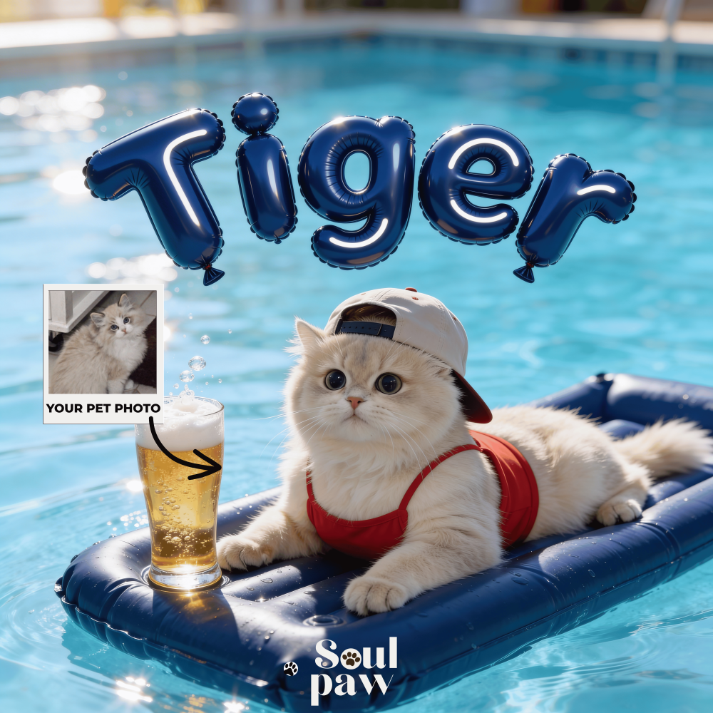 Custom Pet Poster Poolside Sunshine Portrait – Personalized High-Resolution Matte Print for Wall Art, Home Decor, or Unique Gifts for Pet Lovers (Frame Not Included)