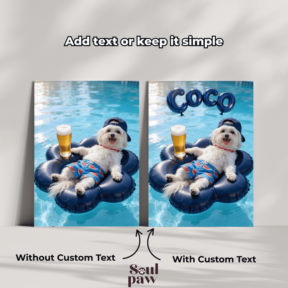 Custom Pet Poster Poolside Sunshine Portrait – Personalized High-Resolution Matte Print for Wall Art, Home Decor, or Unique Gifts for Pet Lovers (Frame Not Included)