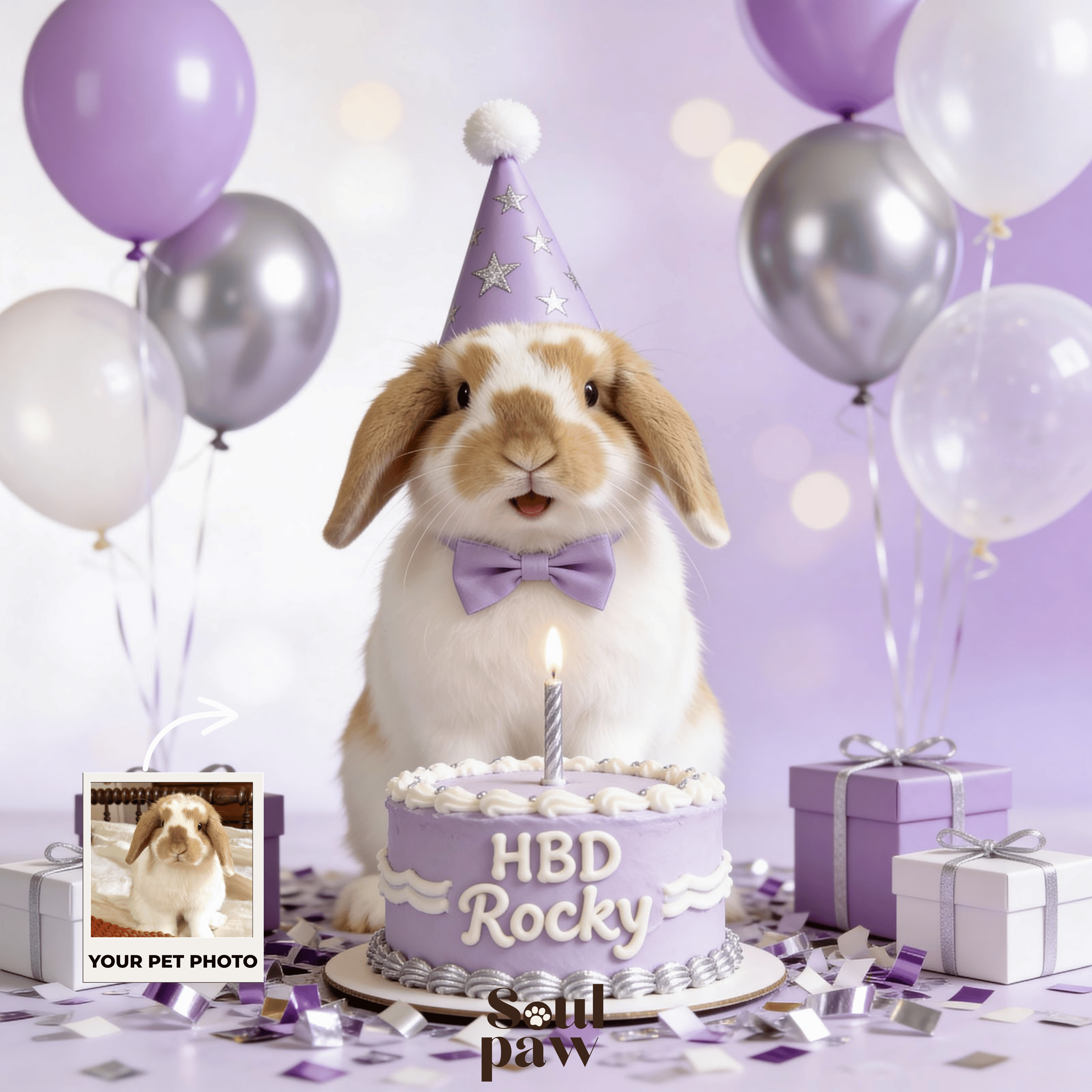 Custom Pet Poster Birthday Celebration Portrait with Purple Background – Personalized High-Resolution Matte Print for Wall Art, Home Decor, or Unique Gifts for Pet Lovers (Frame Not Included)