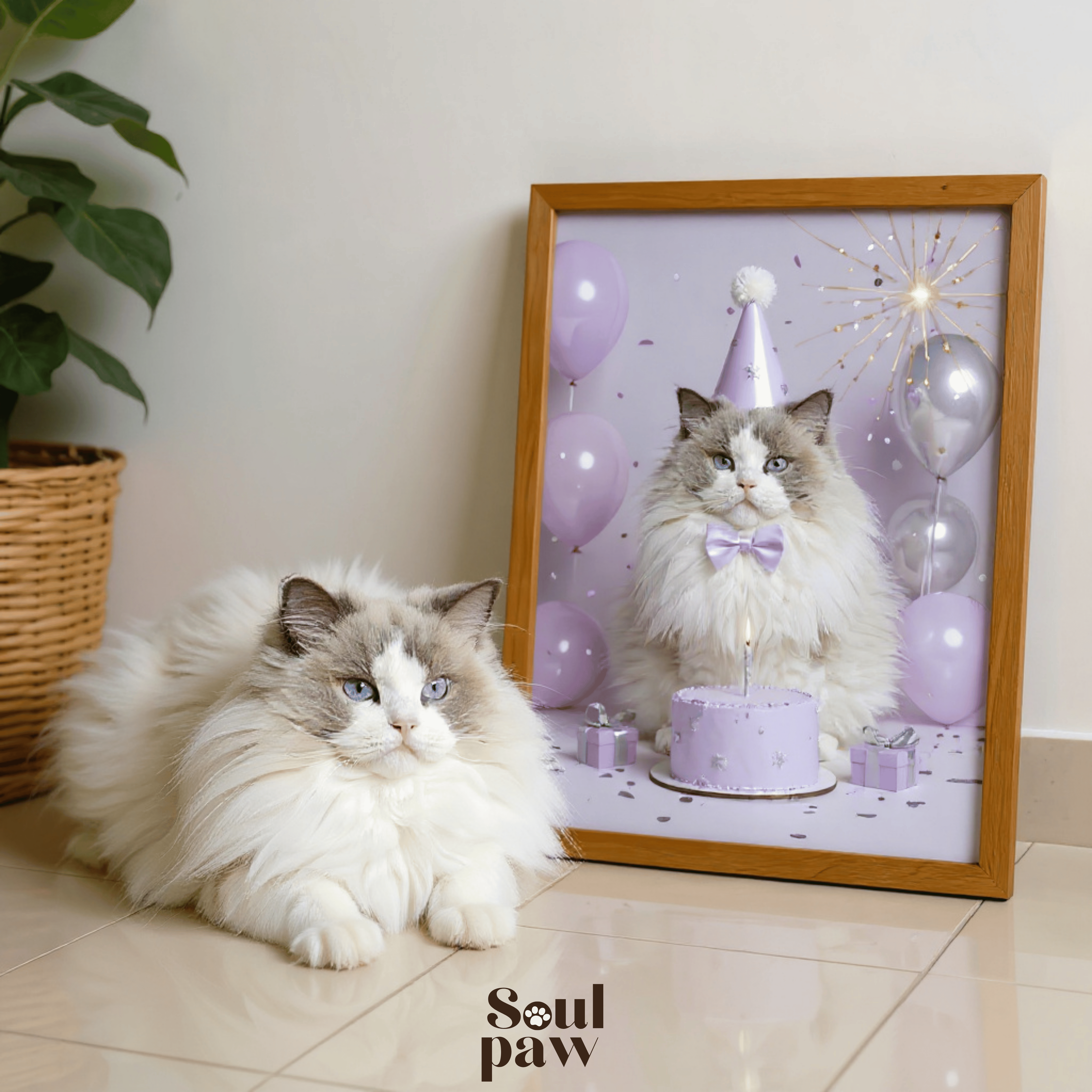 Custom Pet Poster Birthday Celebration Portrait with Purple Background – Personalized High-Resolution Matte Print for Wall Art, Home Decor, or Unique Gifts for Pet Lovers (Frame Not Included)