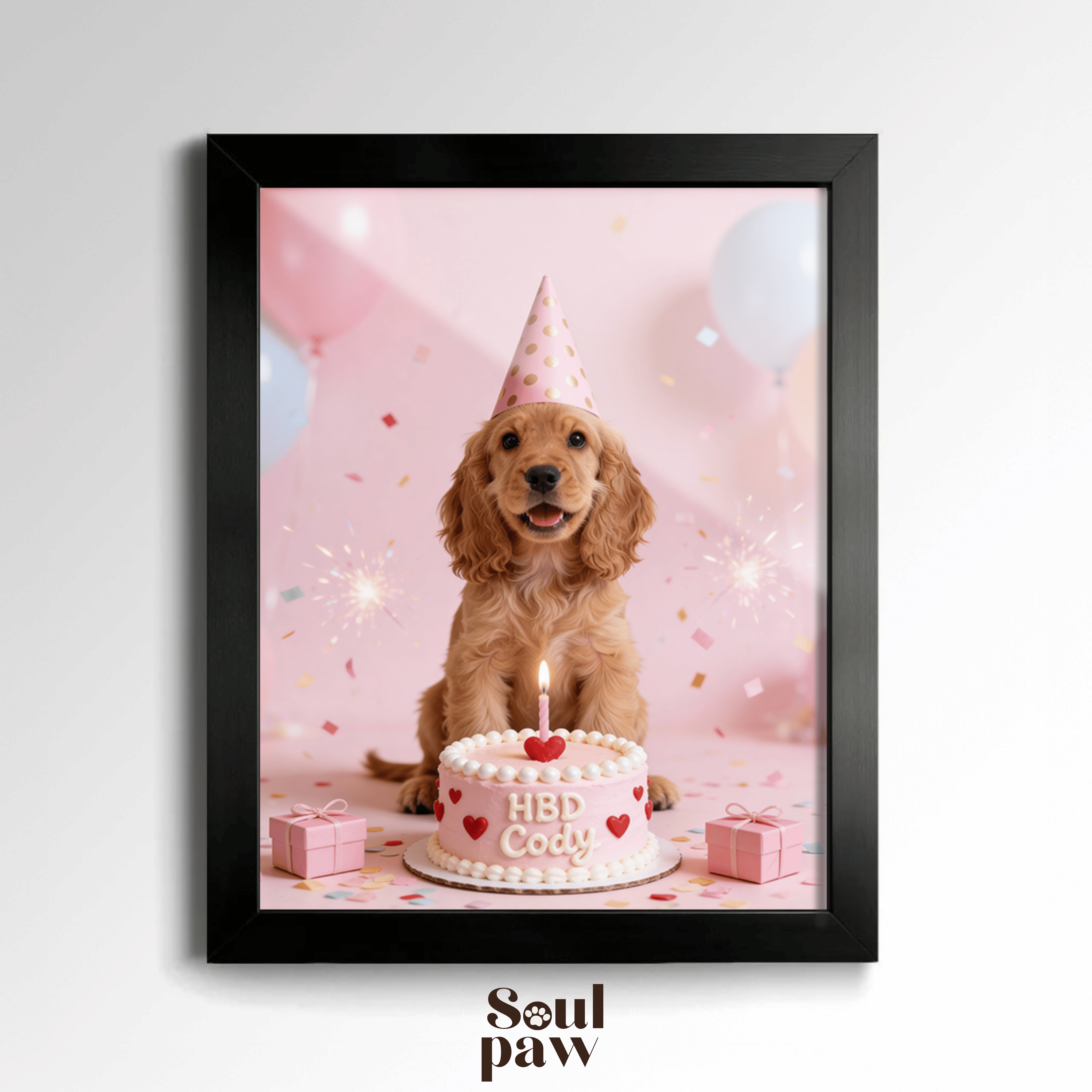 Custom Pet Poster Birthday Celebration Portrait with Pink Background – Personalized High-Resolution Matte Print for Wall Art, Home Decor, or Unique Gifts for Pet Lovers (Frame Not Included)