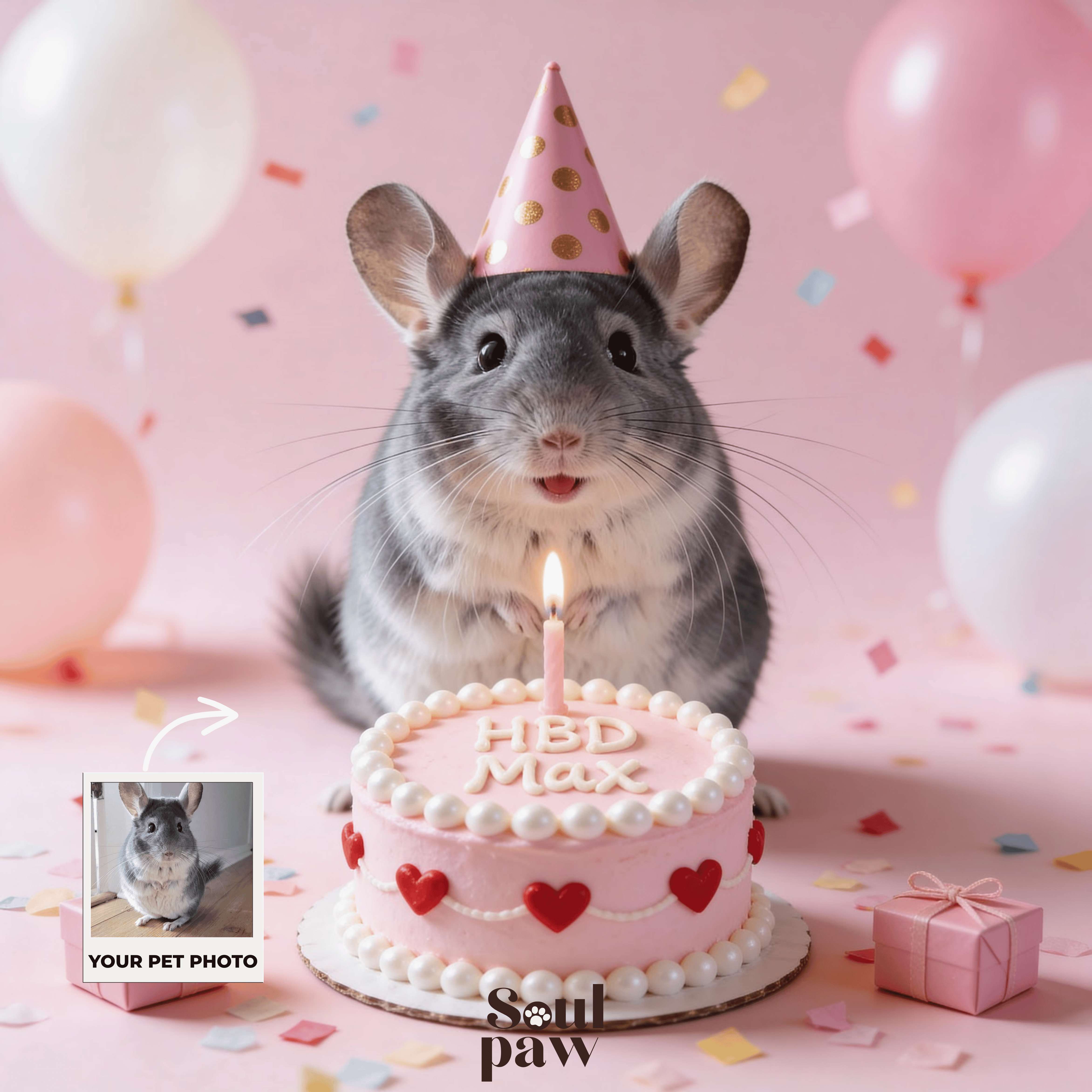 Custom Pet Poster Birthday Celebration Portrait with Pink Background – Personalized High-Resolution Matte Print for Wall Art, Home Decor, or Unique Gifts for Pet Lovers (Frame Not Included)