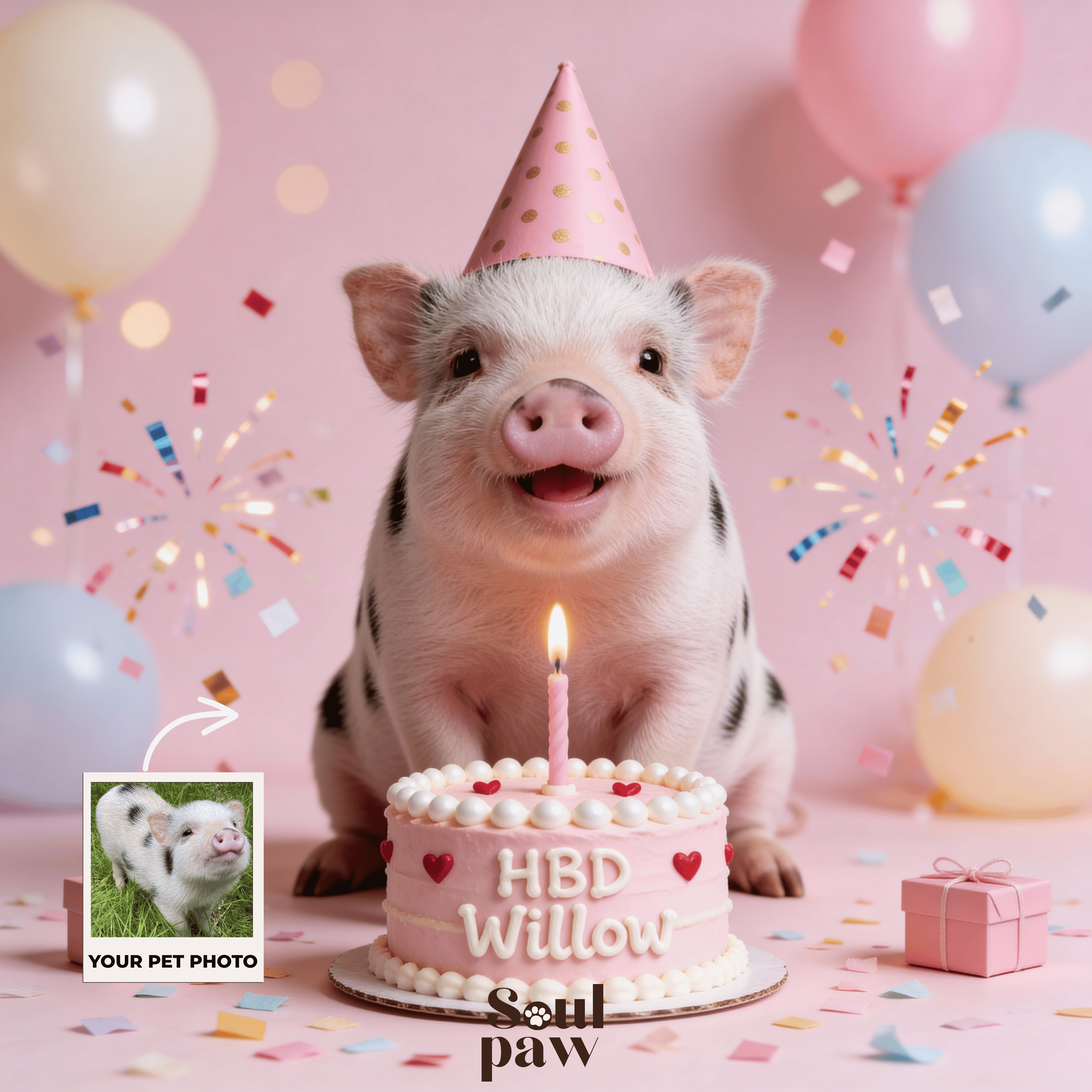 Custom Pet Poster Birthday Celebration Portrait with Pink Background – Personalized High-Resolution Matte Print for Wall Art, Home Decor, or Unique Gifts for Pet Lovers (Frame Not Included)
