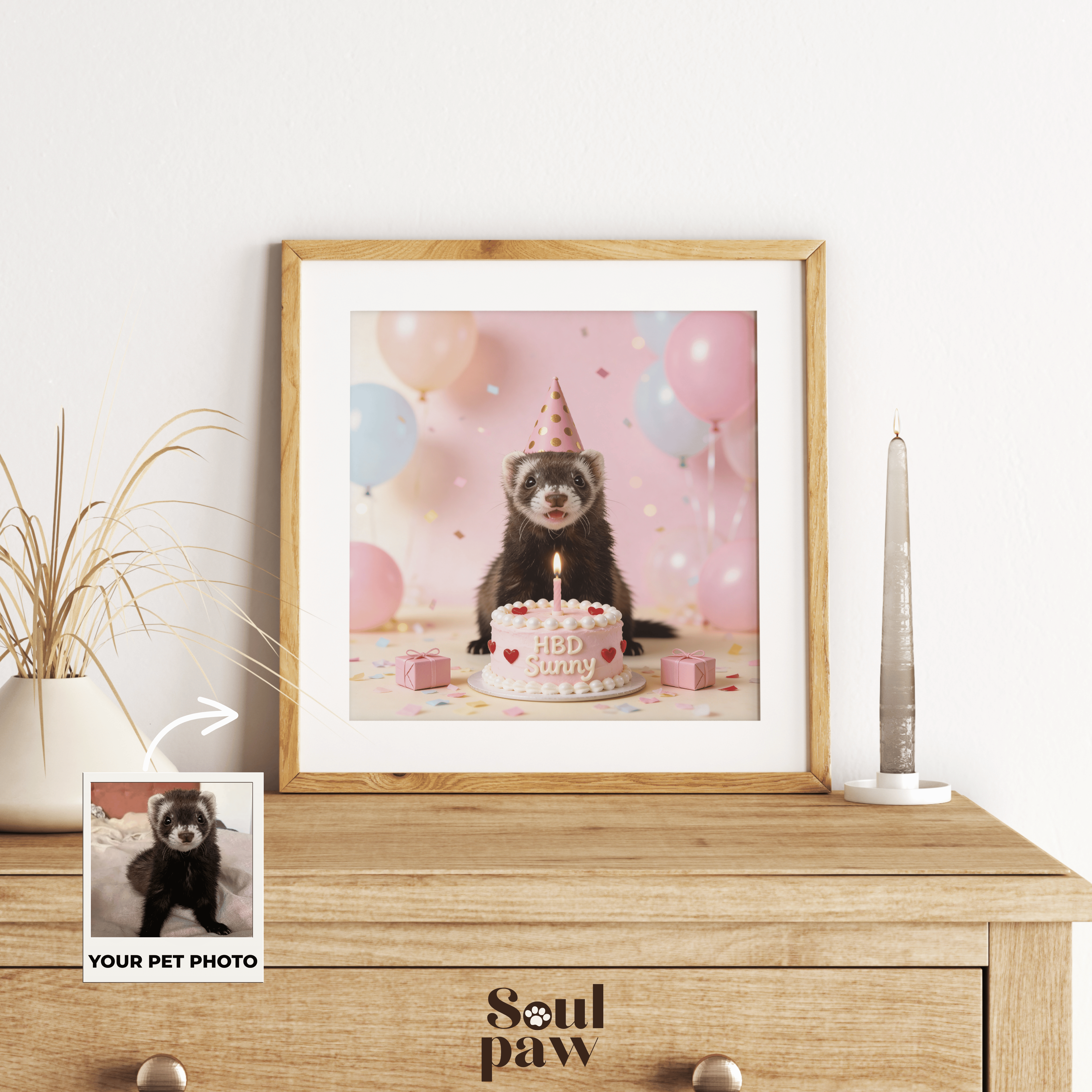 Custom Pet Poster Birthday Celebration Portrait with Pink Background – Personalized High-Resolution Matte Print for Wall Art, Home Decor, or Unique Gifts for Pet Lovers (Frame Not Included)