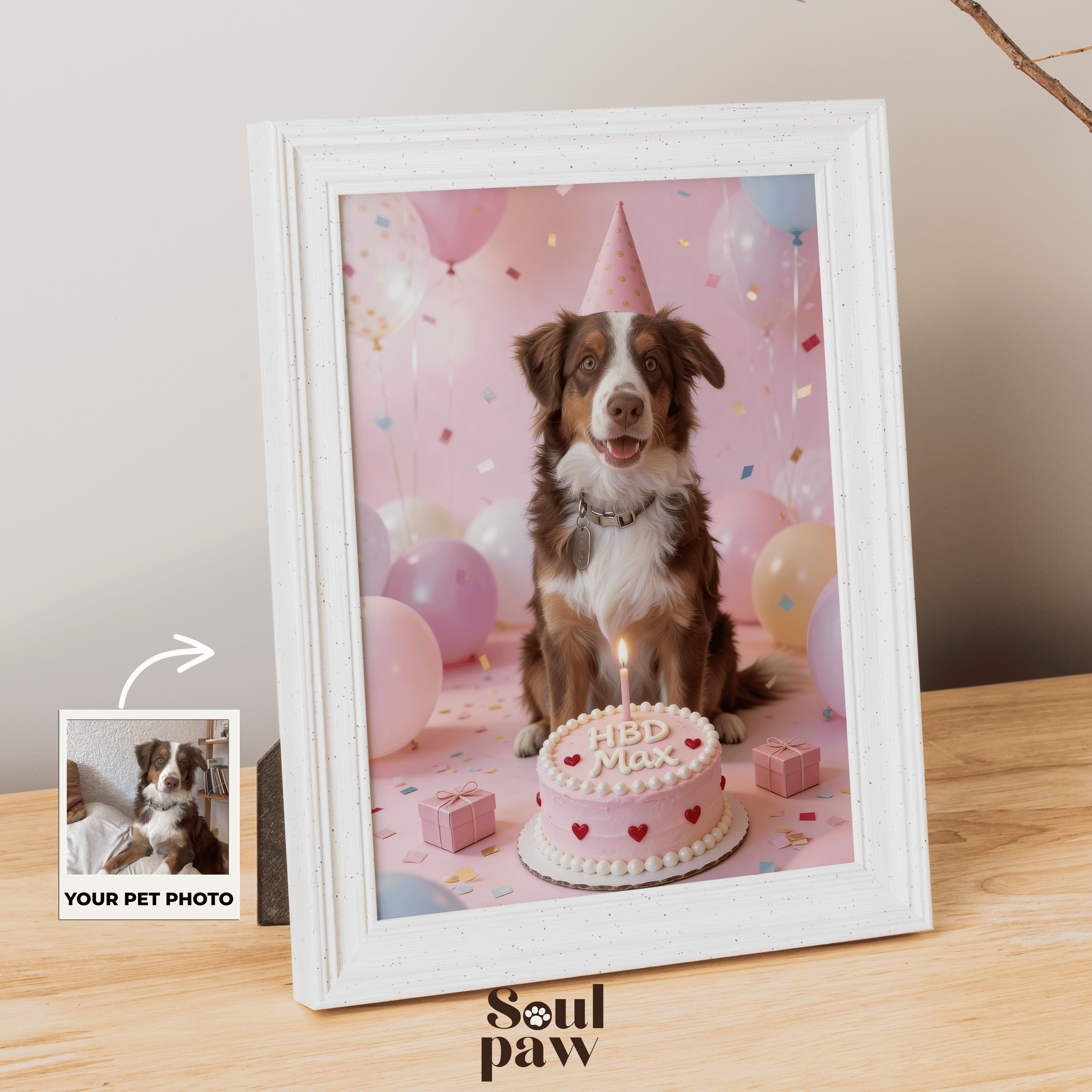 Custom Pet Poster Birthday Celebration Portrait with Pink Background – Personalized High-Resolution Matte Print for Wall Art, Home Decor, or Unique Gifts for Pet Lovers (Frame Not Included)