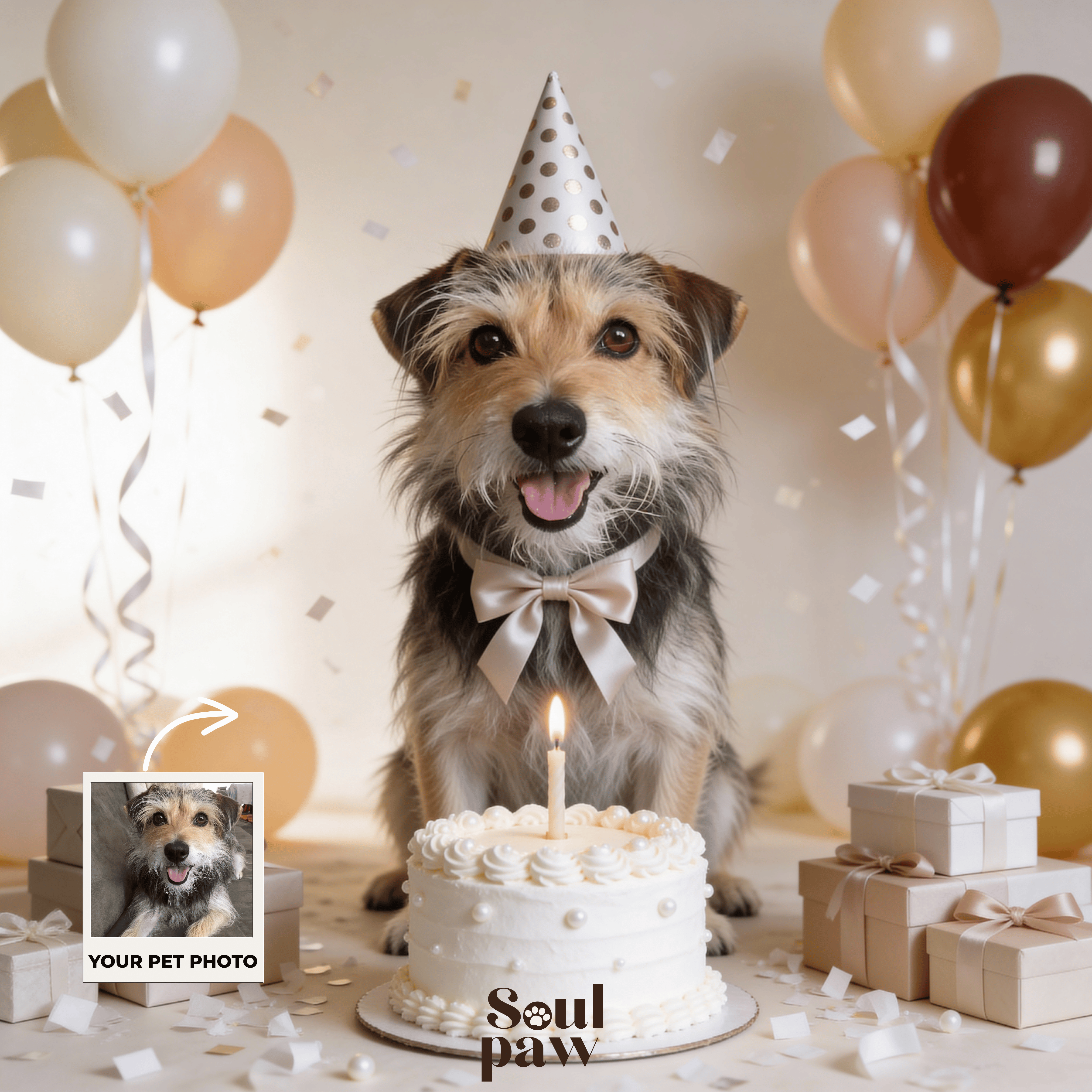 Custom Pet Poster Birthday Celebration Portrait with Beige Background – Personalized High-Resolution Matte Print for Wall Art, Home Decor, or Unique Gifts for Pet Lovers (Frame Not Included)