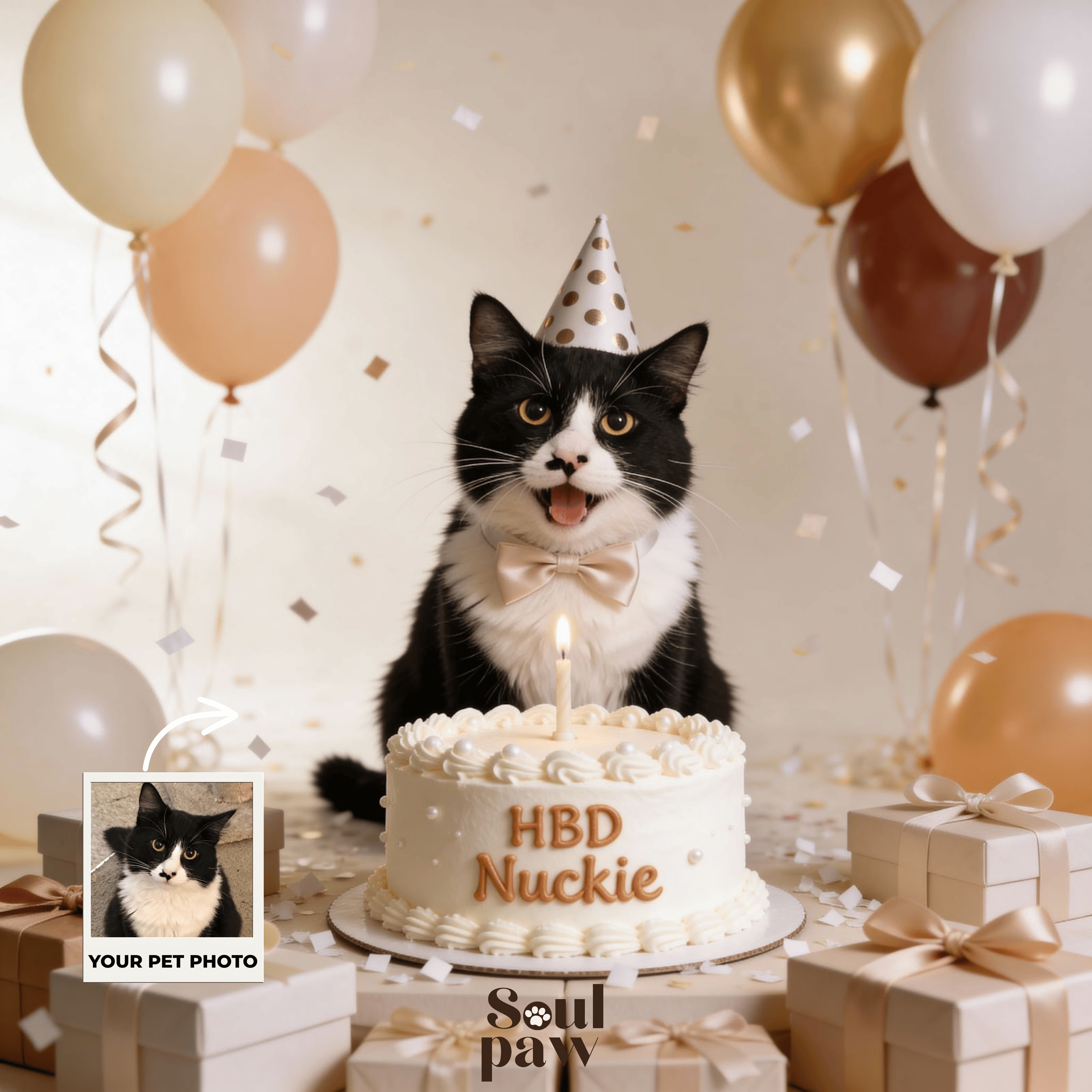 Custom Pet Poster Birthday Celebration Portrait with Beige Background – Personalized High-Resolution Matte Print for Wall Art, Home Decor, or Unique Gifts for Pet Lovers (Frame Not Included)