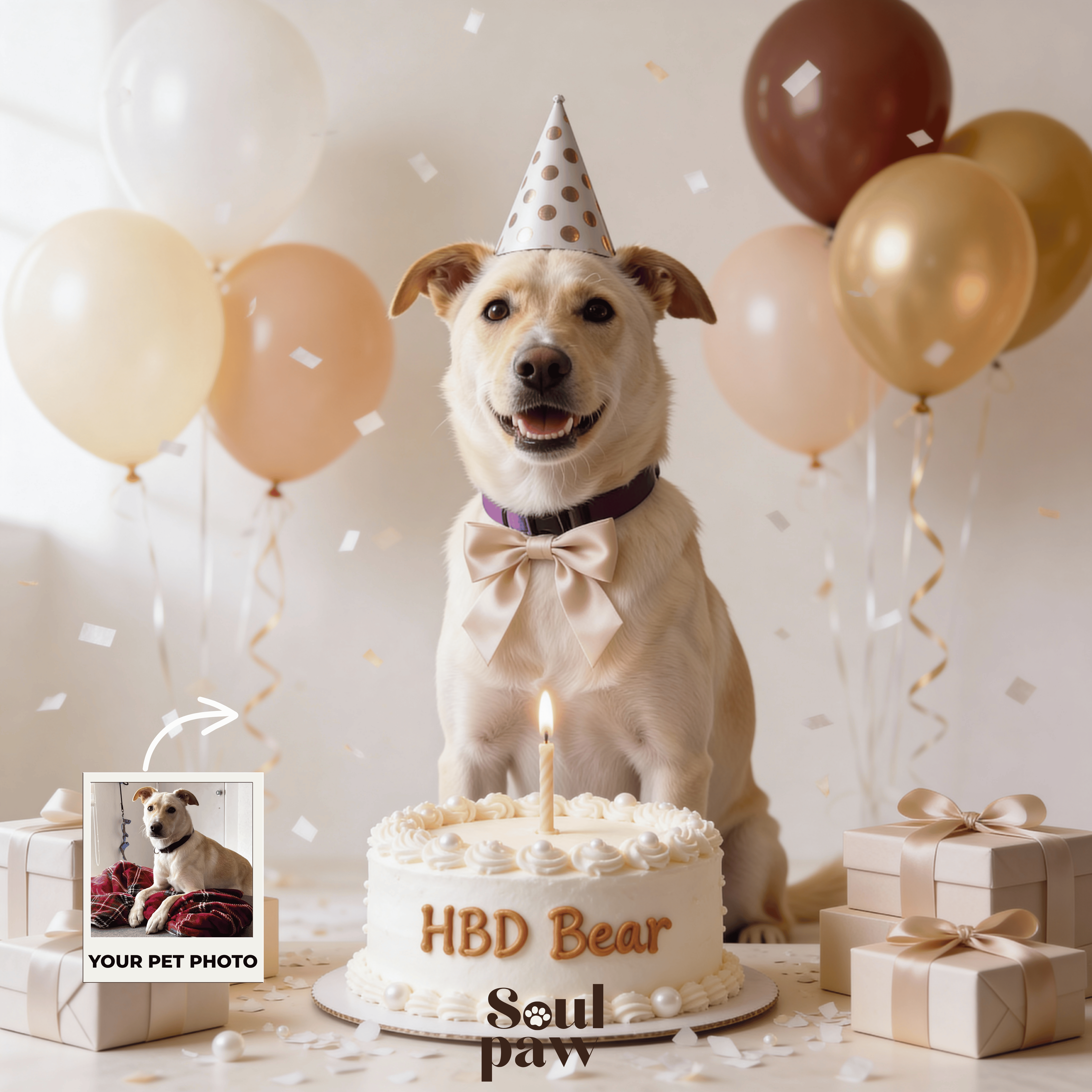 Custom Pet Poster Birthday Celebration Portrait with Beige Background – Personalized High-Resolution Matte Print for Wall Art, Home Decor, or Unique Gifts for Pet Lovers (Frame Not Included)