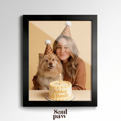 Custom Human & Pet Portrait Birthday Studio Beige Theme Portrait - Personalized High-Resolution Matte Print for Wall Art, Home Decor, or Unique Gifts for Pet Lovers (Frame Not Included)