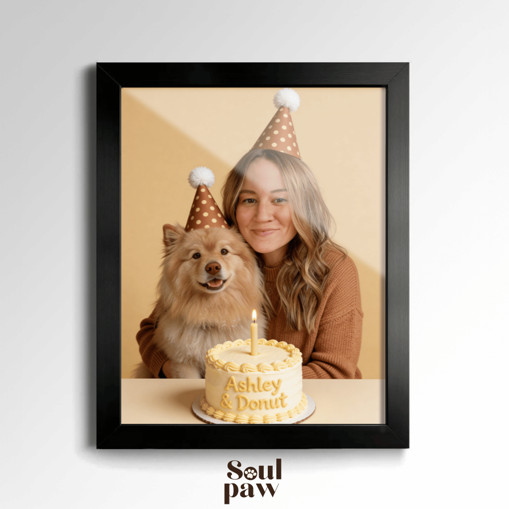Custom Human & Pet Portrait Birthday Studio Beige Theme Portrait - Personalized High-Resolution Matte Print for Wall Art, Home Decor, or Unique Gifts for Pet Lovers (Frame Not Included)