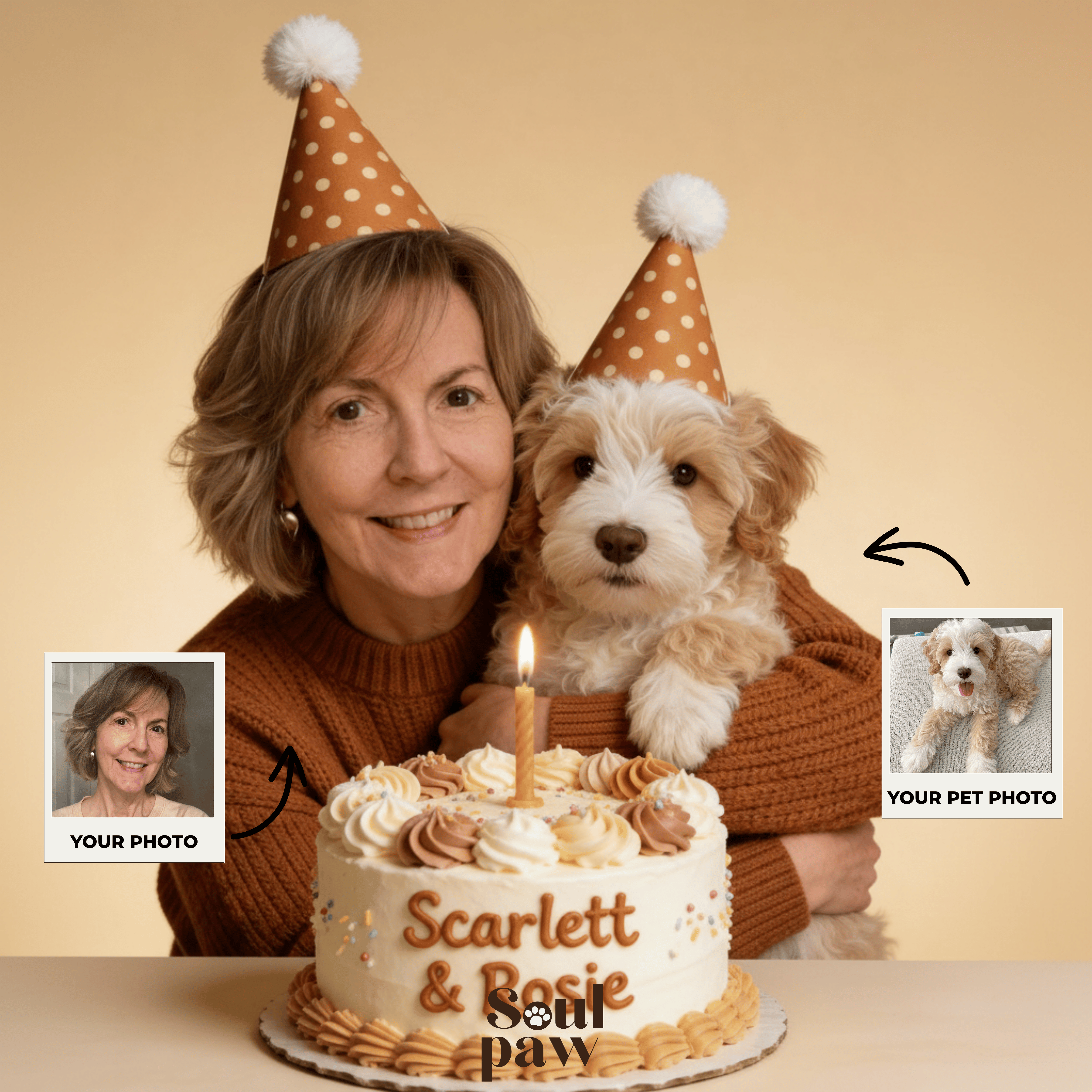 Custom Human & Pet Portrait Birthday Studio Beige Theme Portrait - Personalized High-Resolution Matte Print for Wall Art, Home Decor, or Unique Gifts for Pet Lovers (Frame Not Included)