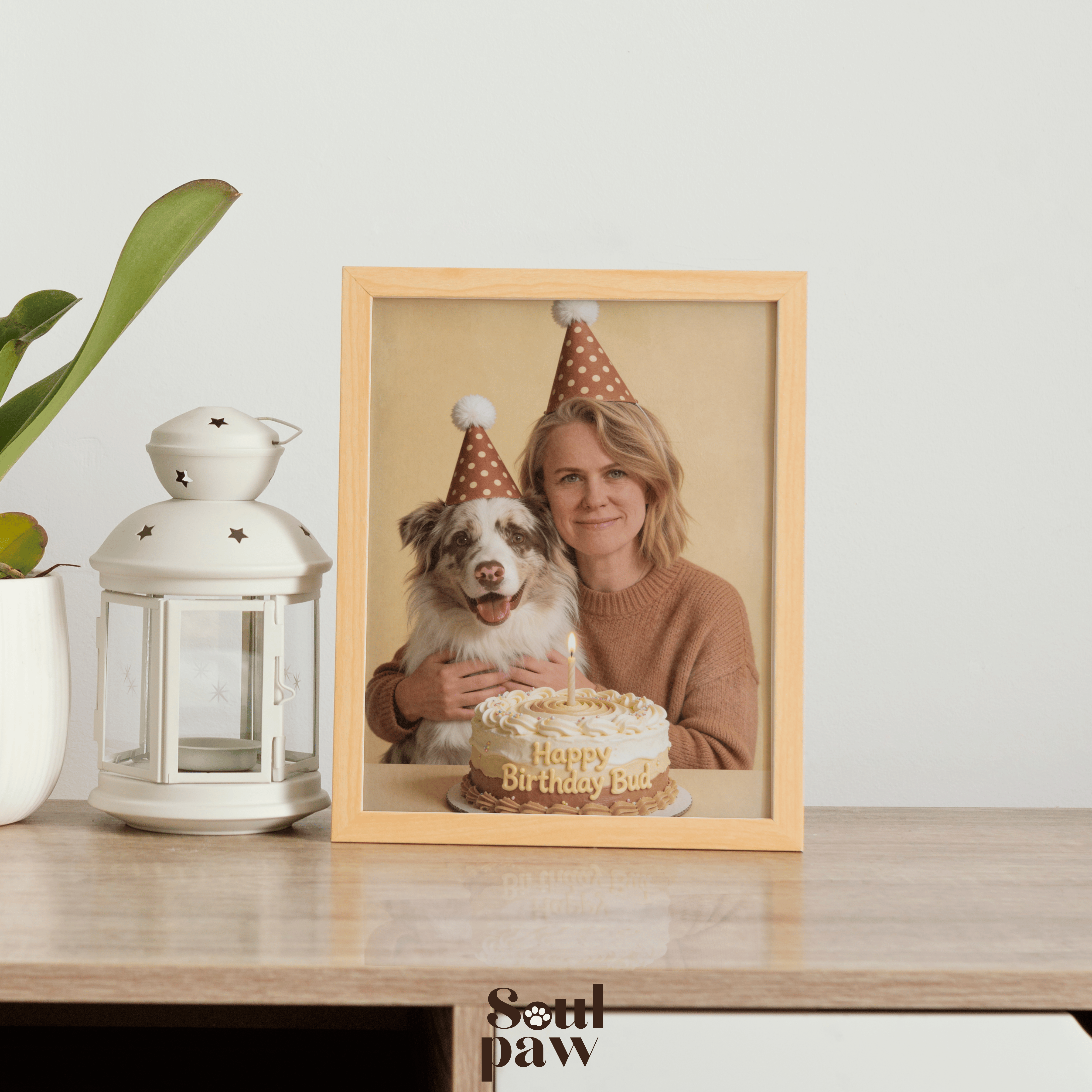 Custom Human & Pet Portrait Birthday Studio Beige Theme Portrait - Personalized High-Resolution Matte Print for Wall Art, Home Decor, or Unique Gifts for Pet Lovers (Frame Not Included)