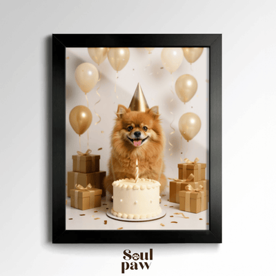 Custom Pet Poster Birthday Celebration Portrait with Beige Background – Personalized High-Resolution Matte Print for Wall Art, Home Decor, or Unique Gifts for Pet Lovers (Frame Not Included)