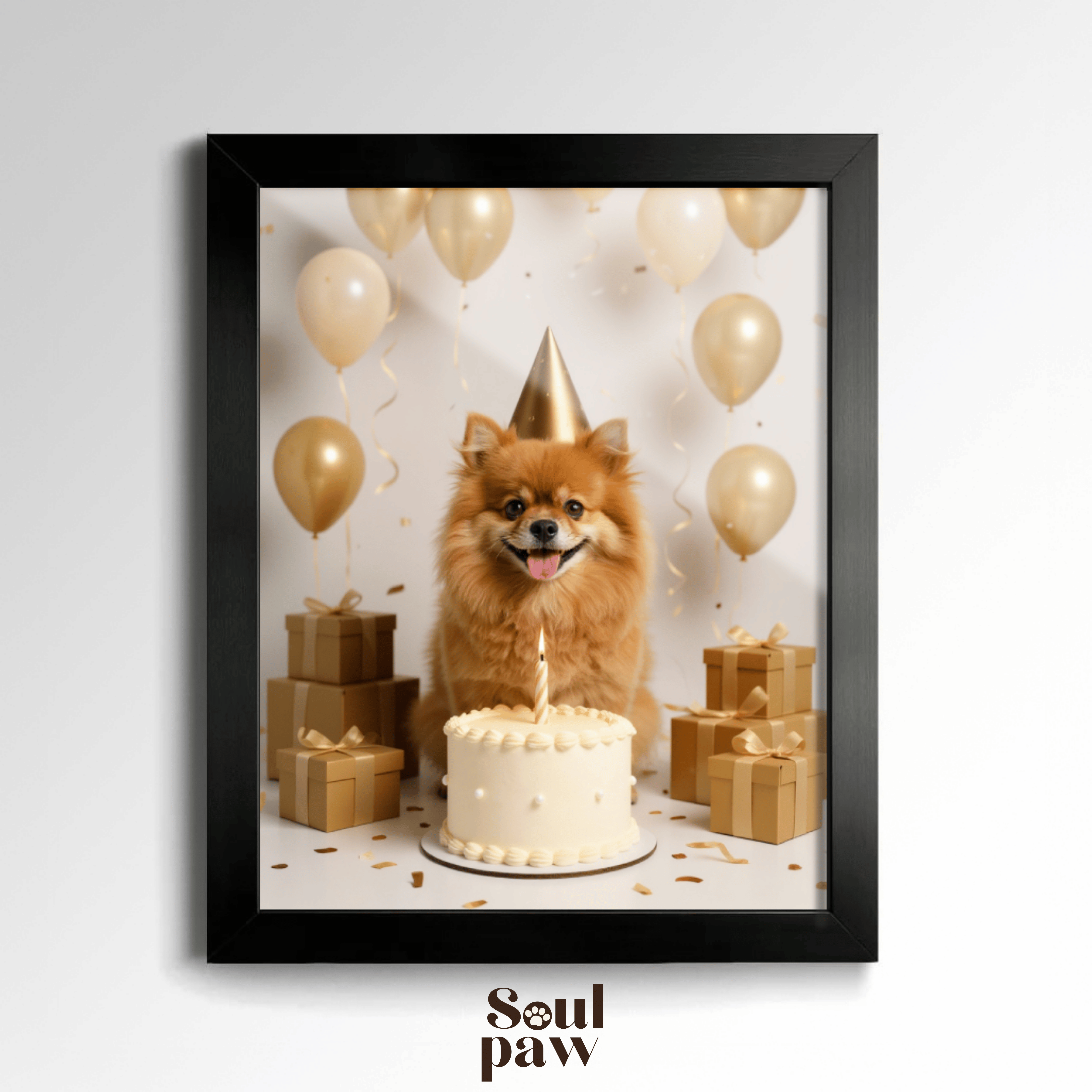 Custom Pet Poster Birthday Celebration Portrait with Beige Background – Personalized High-Resolution Matte Print for Wall Art, Home Decor, or Unique Gifts for Pet Lovers (Frame Not Included)