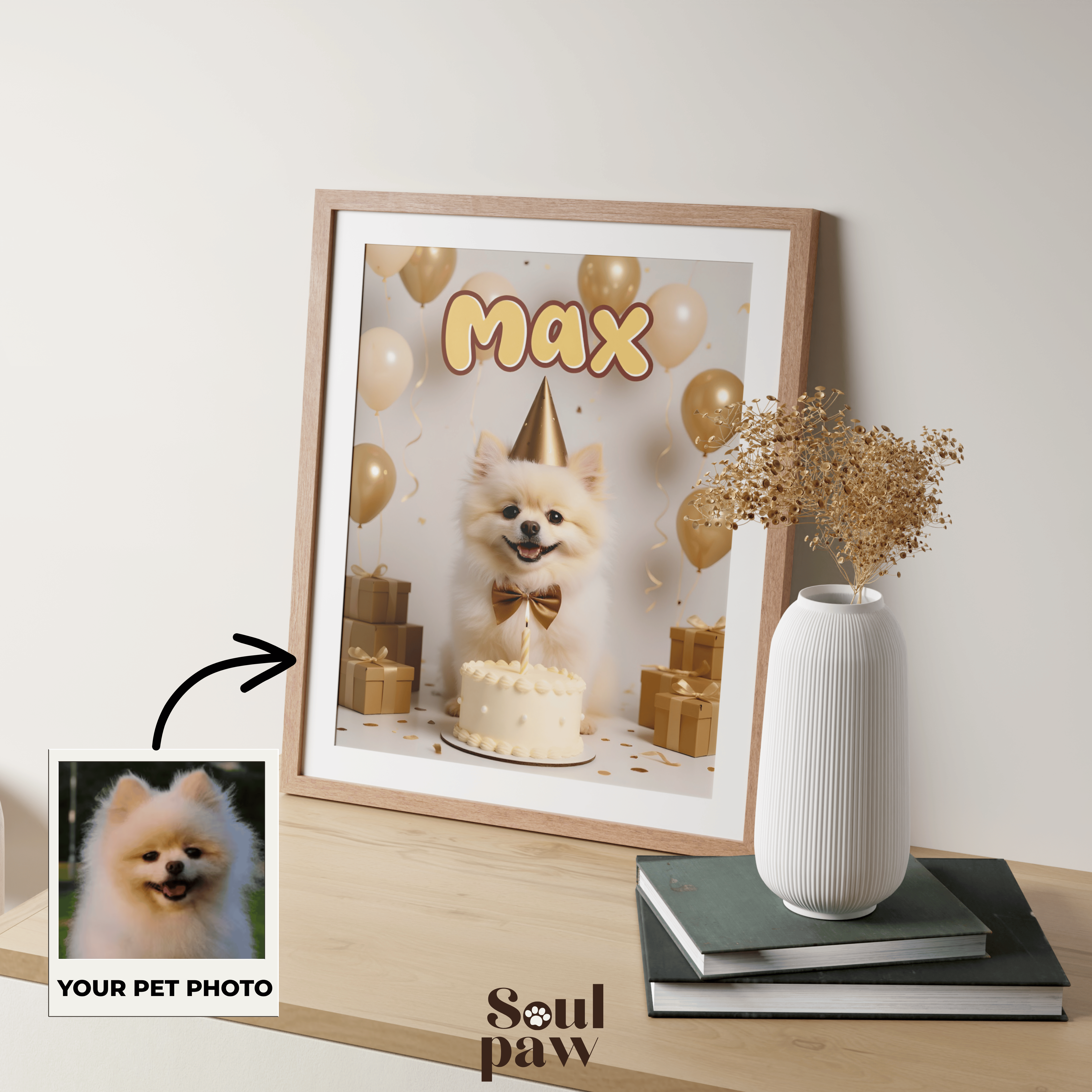 Custom Pet Poster Birthday Celebration Portrait with Beige Background – Personalized High-Resolution Matte Print for Wall Art, Home Decor, or Unique Gifts for Pet Lovers (Frame Not Included)