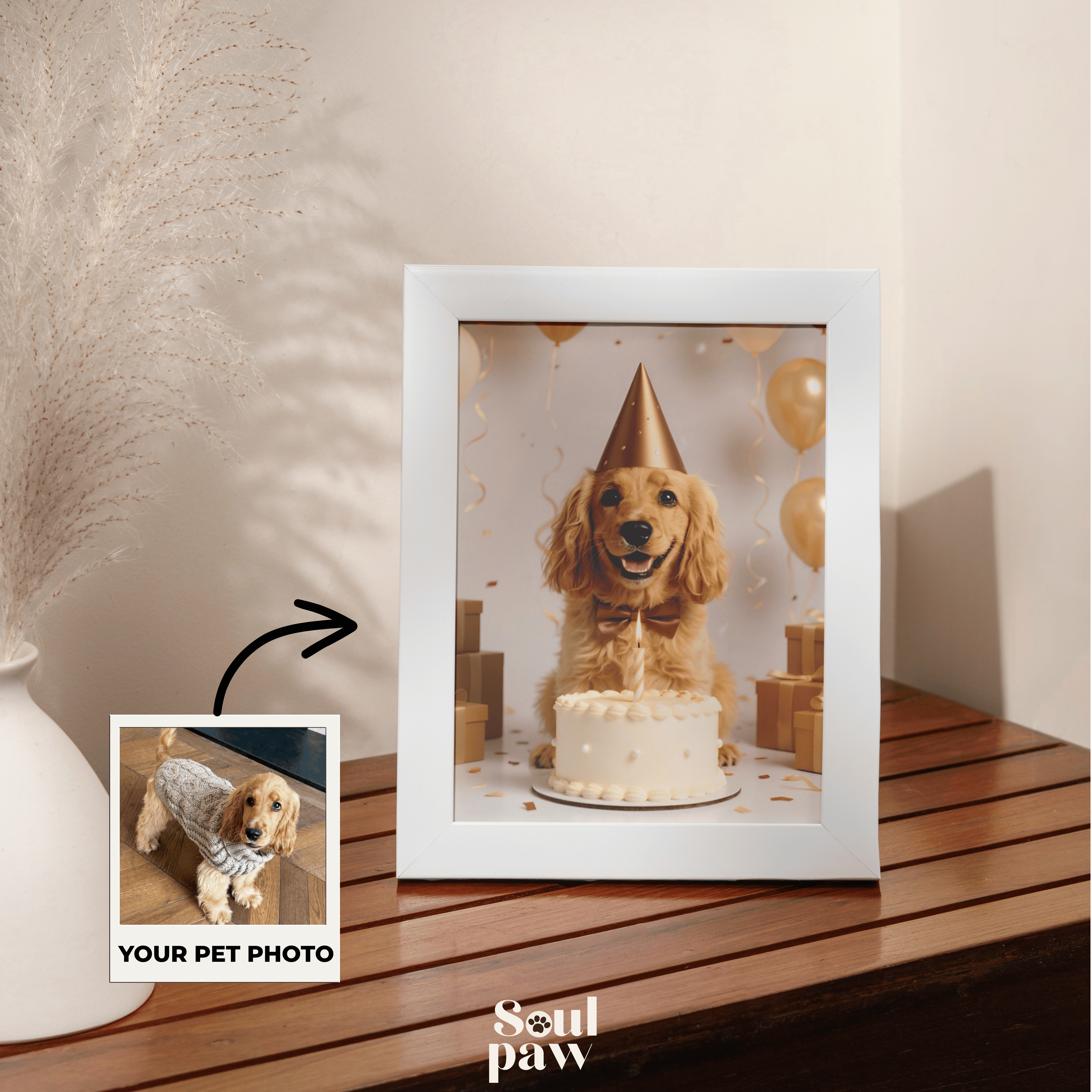 Custom Pet Poster Birthday Celebration Portrait with Beige Background – Personalized High-Resolution Matte Print for Wall Art, Home Decor, or Unique Gifts for Pet Lovers (Frame Not Included)