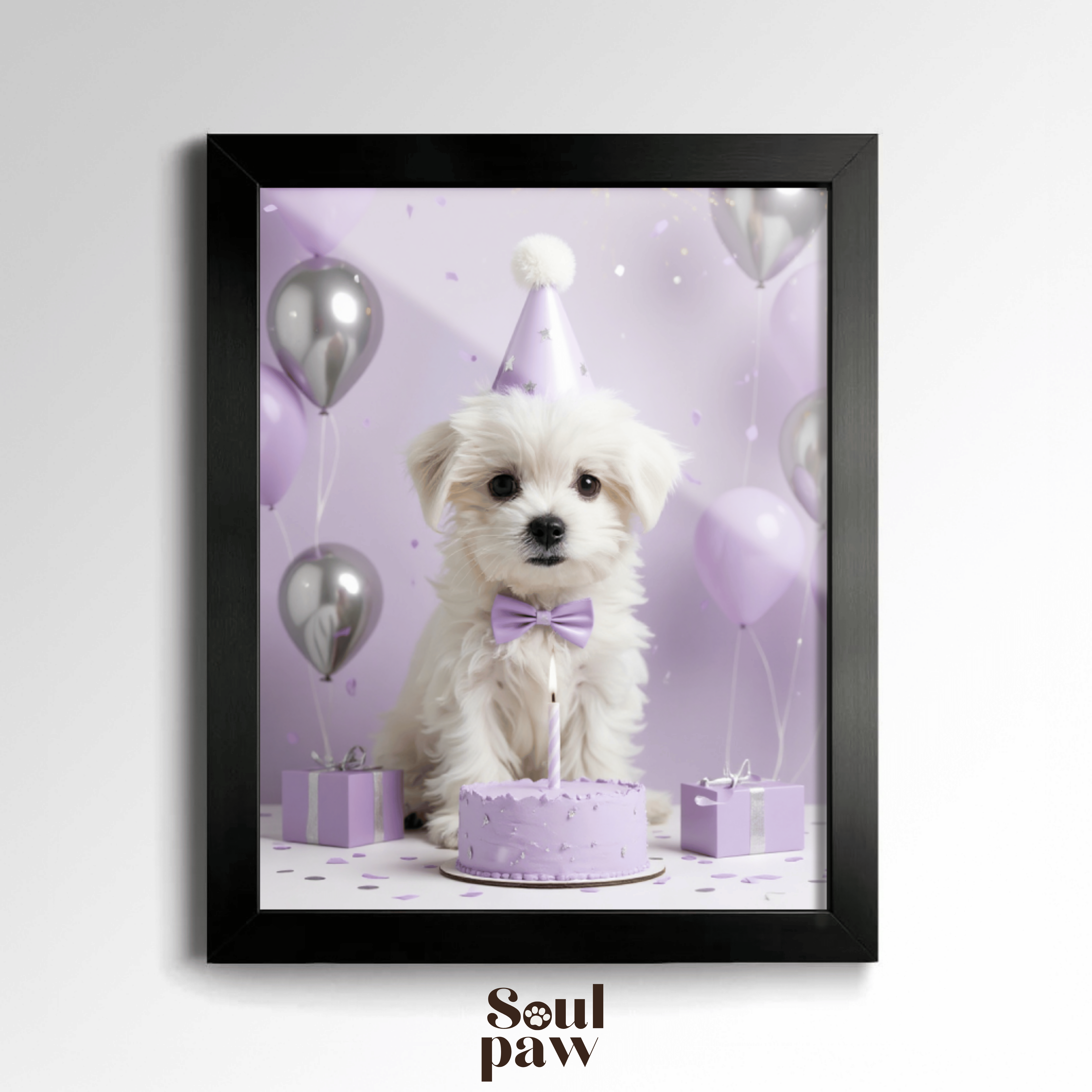 Custom Pet Poster Birthday Celebration Portrait with Purple Background – Personalized High-Resolution Matte Print for Wall Art, Home Decor, or Unique Gifts for Pet Lovers (Frame Not Included)