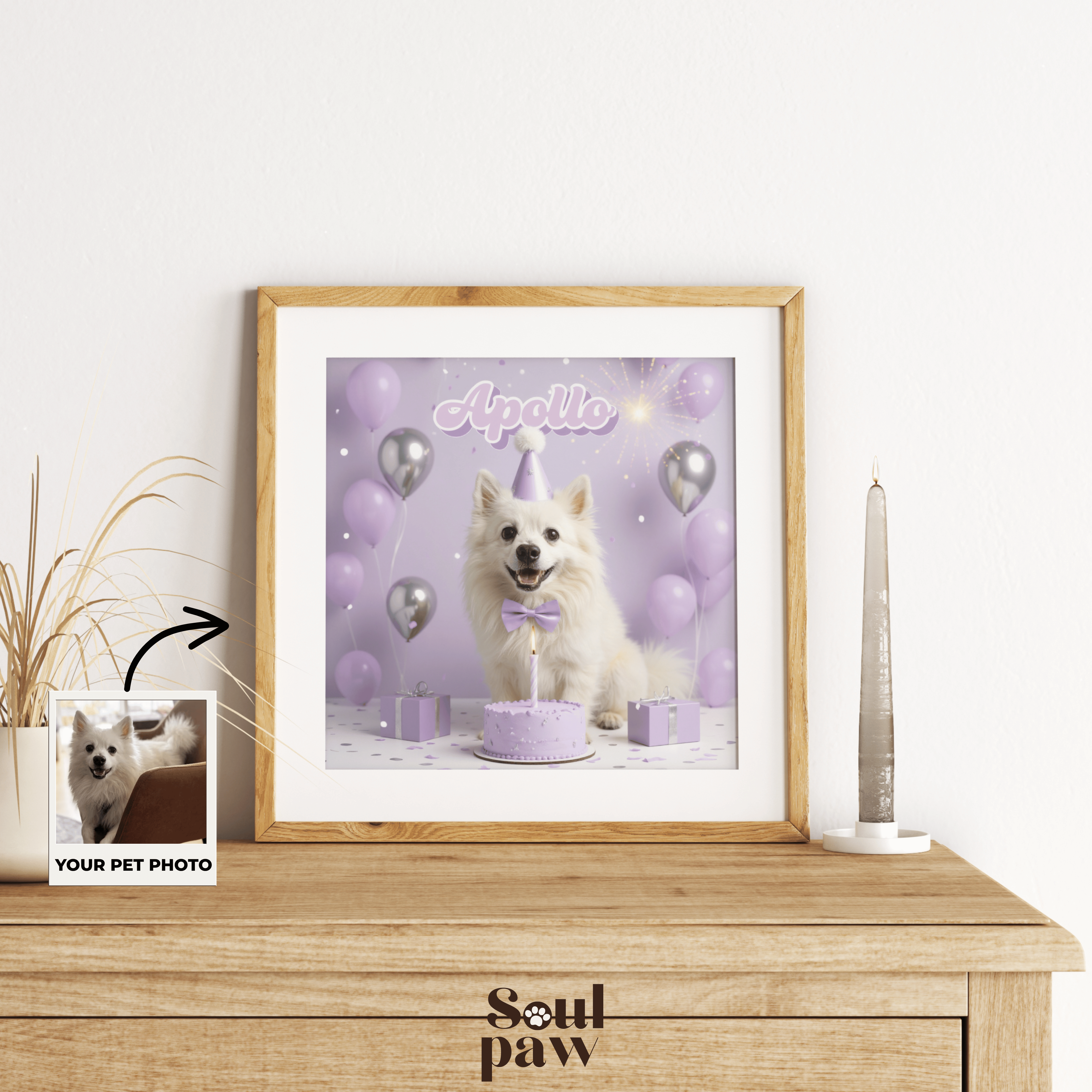 Custom Pet Poster Birthday Celebration Portrait with Purple Background – Personalized High-Resolution Matte Print for Wall Art, Home Decor, or Unique Gifts for Pet Lovers (Frame Not Included)