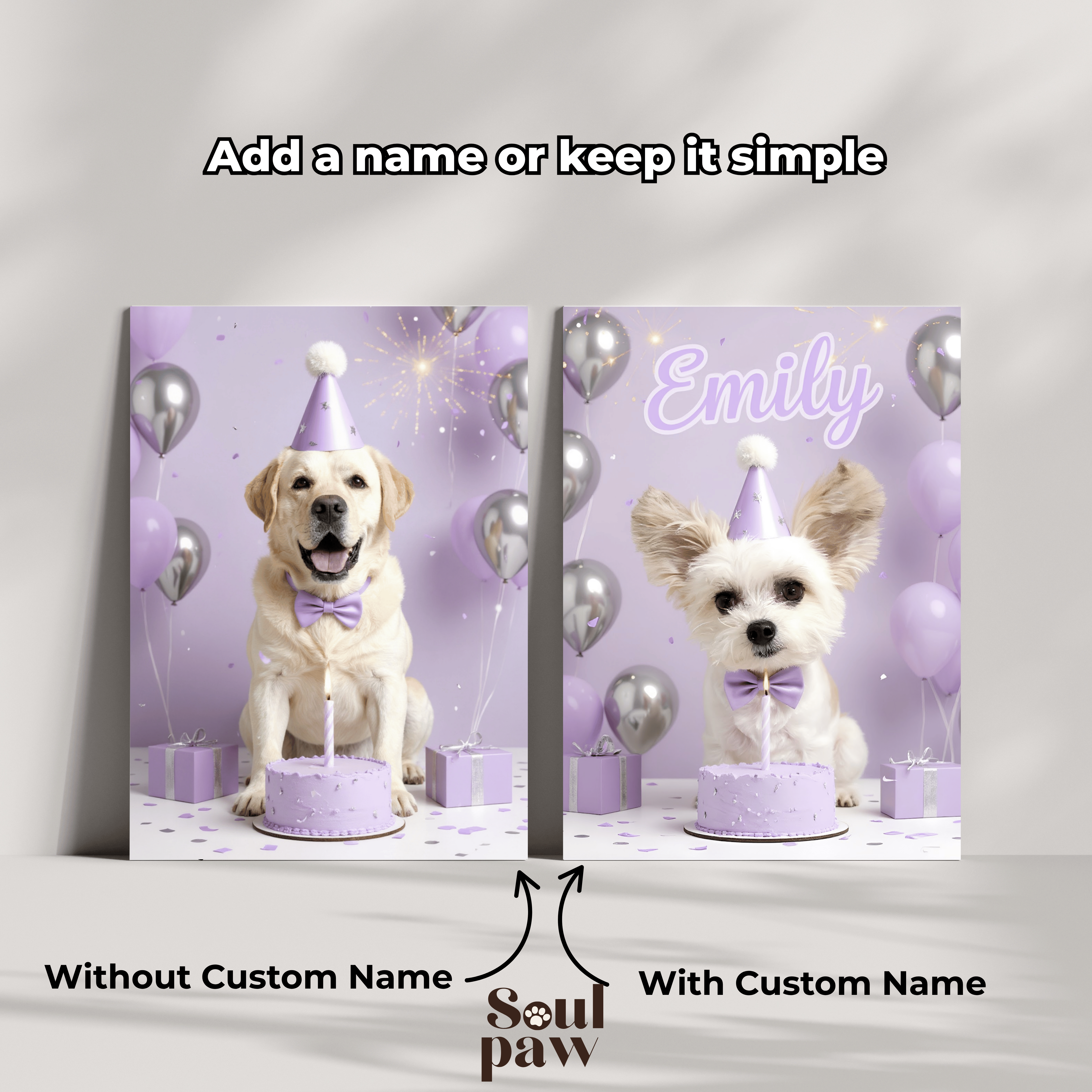 Custom Pet Poster Birthday Celebration Portrait with Purple Background – Personalized High-Resolution Matte Print for Wall Art, Home Decor, or Unique Gifts for Pet Lovers (Frame Not Included)